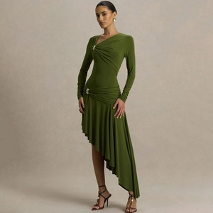 Elegant olive green bodycon dress with asymmetric hem and ruched details for women