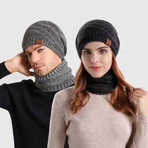 Bonnet En Tricot D'hiver Et Cache-Cou Doublé Polaire Beanie Écharpe Chaud Coupe-Vent Mode Sport