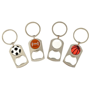 Metal bottle opener keychains with soccer, rugby, golf, and basketball sports designs