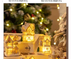 Detailed view of LED miniature Christmas resin house with warm lights and festive decor