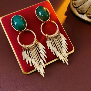 Vintage Tassel Drop Earrings With Green Resin Gemstone And Silver Earring Post Retro Baroque Palace Style For Women