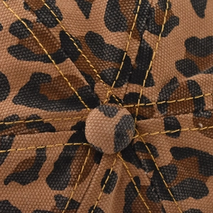 Macro view of leopard print baseball cap top button with contrast stitching details