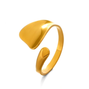 Polished gold stainless steel open ring with a minimalist asymmetrical streamline design