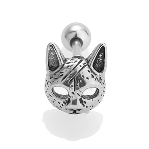 Macro detail of retro silver cat head stud earring with screw back ball closure