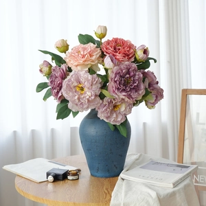 Artificial Peony Flowers Satin Cloth Vintage Burnt Edge Long Stem Realistic For Home Wedding Party Table Cafe Decor