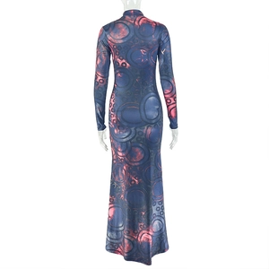 Detail of high collar and back view of slim fit maxi dress with abstract print