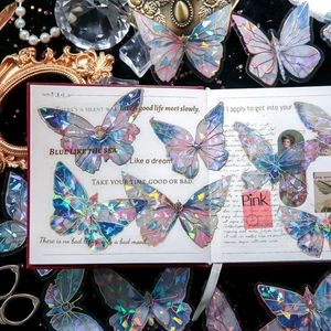 Holographic PET butterfly stickers in pink for scrapbooking and artistic DIY crafts