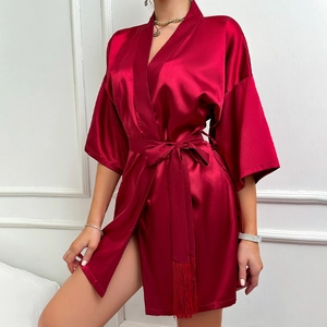 Women Short Satin Robe Imitation Satin Nightgown Half Sleeve V Neck Sleepwear With Tassels Waist Tie