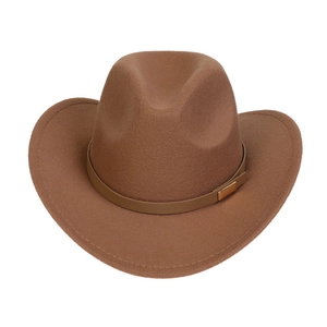 Detail of a brown felt fedora hat featuring a stylish leather band and golden metal buckle