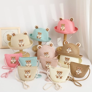 Kids bear straw hat and bag set for sun protection in pink blue beige and cream