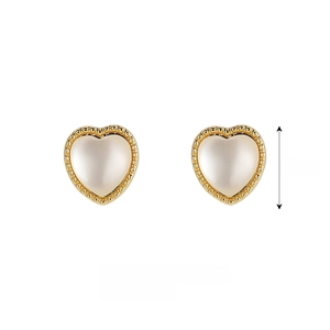 Detail view of heart-shaped gold alloy stud earrings with crystal inlay dimensions