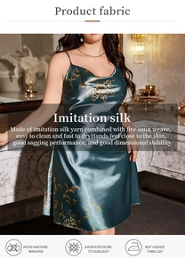 Detailed texture of dark blue imitation silk fabric with golden floral pattern