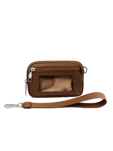 Cartera de muñeca de nailon marrón con ventana transparente para ID y cremalleras