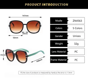 Detailed size chart for square frame sunglasses with model dimensions and PC material info