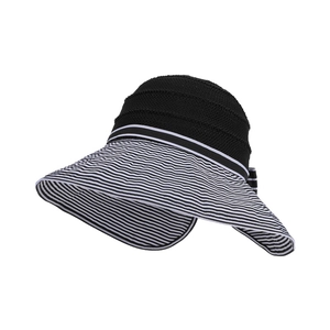 Women's summer sun visor with black knit crown and classic striped wide brim with bow
