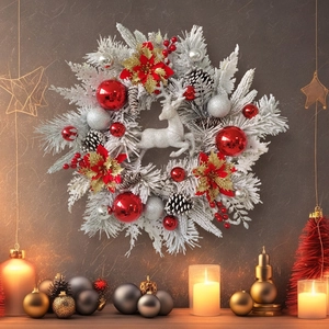 Christmas wreath with white frosted needles, silver reindeer, pine cones, and red berries
