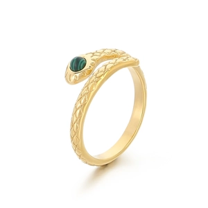 Vintage gold snake ring with green malachite stone and textured scale details