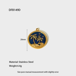 Detail of 20mm stainless steel palm tree pendant with blue glitter enamel inlay