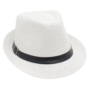 Close-up of a white woven straw sun hat featuring a black leather band and silver buckle