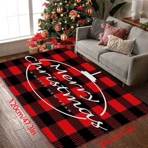 Détail du tapis de Noël à carreaux rouges et noirs 120x80cm avec voeux de fête