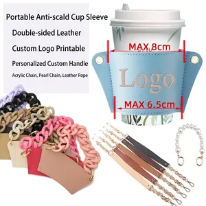 Portable PU leather coffee cup sleeves with various fashion chains and strap handles