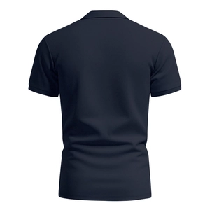 Detailed back view of navy blue men's pique polo shirt showing textured breathable fabric