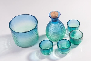 Japanese style hammered peacock blue glass sake set with carafe and ice bucket