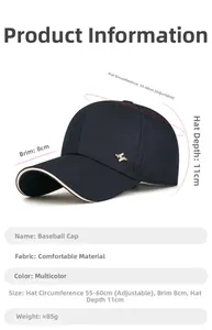 Detail view of navy blue baseball cap showing 8cm brim length and 11cm depth specifications