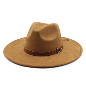 Classic brown wide-brim suede fedora hat with a leather band and silver metal buckle
