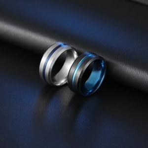 Minimalist Stainless Steel Two Tone Ring For Men Women 8mm Brushed Matte Blue Groove Beveled Edge Fashion Band Jewelry
