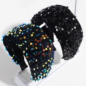 Sparkly wide sequin headband set in black and multicolor on velvet base for women