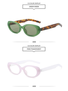 Detail view of oval retro sunglasses in translucent green and pink color options