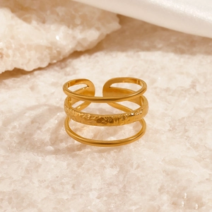 Three-layer 18K gold-plated stainless steel open ring with textured middle band