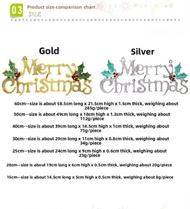Size chart for 3D Christmas wreath letter signs from 15cm to 60cm in gold and silver
