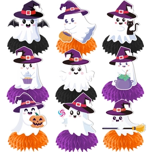 Set of 9 Halloween honeycomb centerpieces with ghost and witch motifs in vibrant colors
