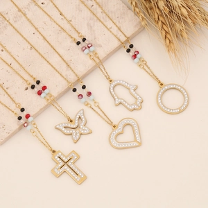 Stainless Steel Pendant Necklace With Colorful Polymer Clay Beads And Rhinestone Butterfly Heart Hamsa Cross For Women