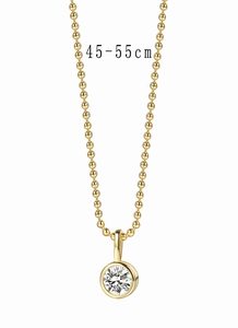 Detail of a gold minimalist necklace with a round zircon pendant showing 45-55cm length