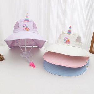 Detailed view of kids unicorn sun hats with breathable mesh side panels and whistle chin strap