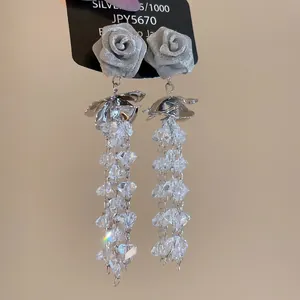 Rose Flower Long Tassel Earrings With 925 Sterling Silver Earring Post Crystal Sparkling Dangle Jewelry For Women
