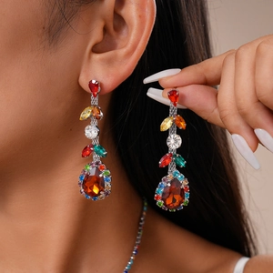 Elegant teardrop earrings with multi-colored crystals and silver alloy chain for women