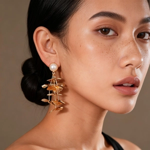 Layered Metal Ginkgo Leaf Dangle Earrings With Faux Artificial Pearl And Silver Earring Post Vintage Elegant Long Drop For Women