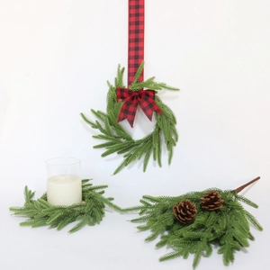 Realistic Norfolk pine wreath with red plaid bow and pine cones for home decor