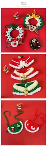 Detailed view of handmade crochet Christmas cat collars with elk and Santa ornaments
