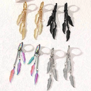Set of four stainless steel punk feather chain earrings in gold black silver and rainbow