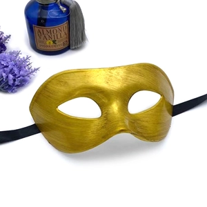 Vintage bronze gold half face masquerade mask for men with black silk ribbon ties