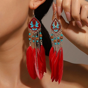 Close-up of bohemian earrings with red feathers, gold metal, and turquoise blue beads