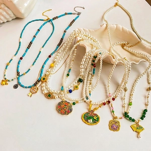 Vintage Chinese Style Beaded Necklace Imitation Artificial Pearl Alloy Enamel Lotus Fan Pendant Fashion Jewelry For Women