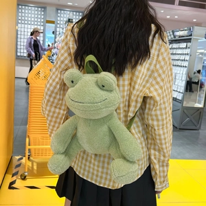 Cute green plush frog backpack for women featuring a cartoon design and soft material