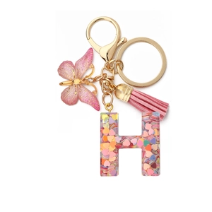 Porte-clés lettre H en résine avec paillettes cœur roses, papillon et pompon en cuir