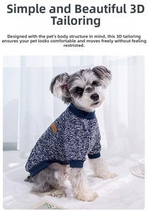 Detail of blue knit pet sweater with classic leather tag and ribbed cuffs for small dogs